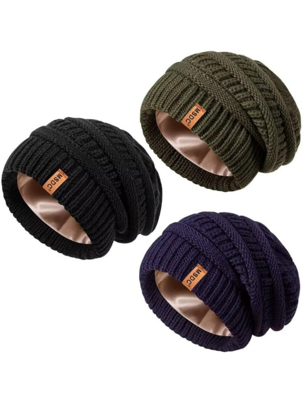 3 Pack Satin Lined Beanies for Women, Warm Slouchy Winter Hats, Oversized Knit